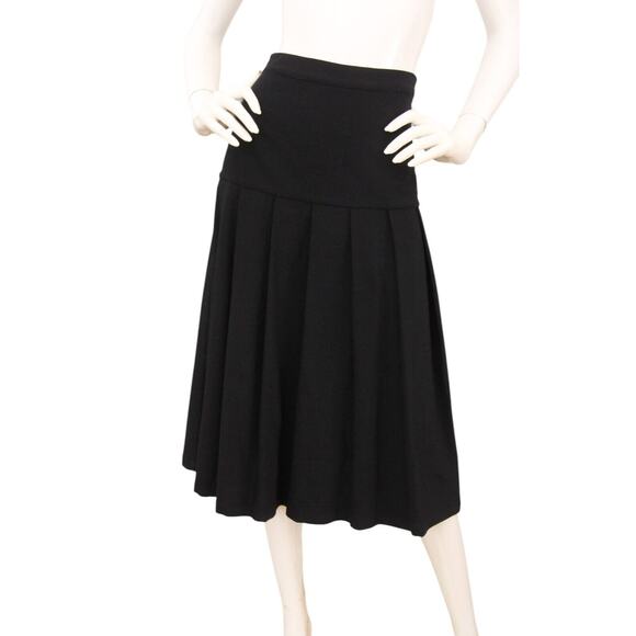 Sara Lanzi Black Wool Pleated Drop Waist Skirt Patch Pocket A-Line Midi XS S - Picture 1 of 6